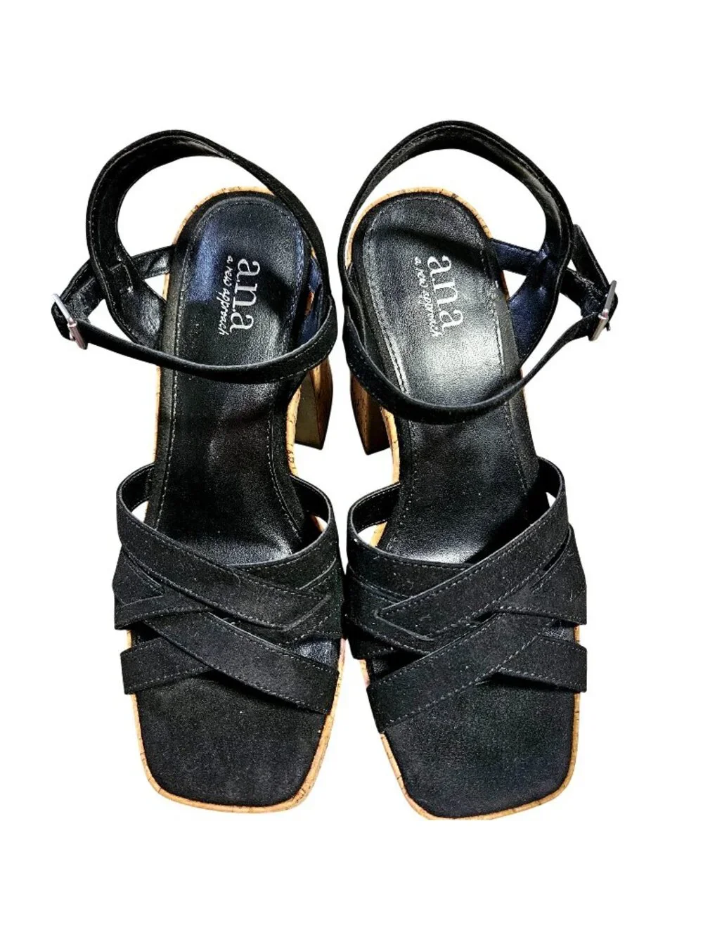 A.N.A Y2k black velvet cork ankle strap buckle cork block platform heels 6